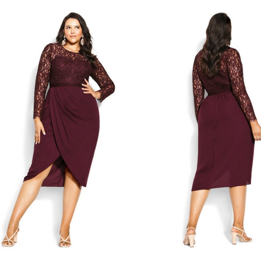 City Chic “Elegant” Lace Yoke Draped Faux Wrap Skirt Dress